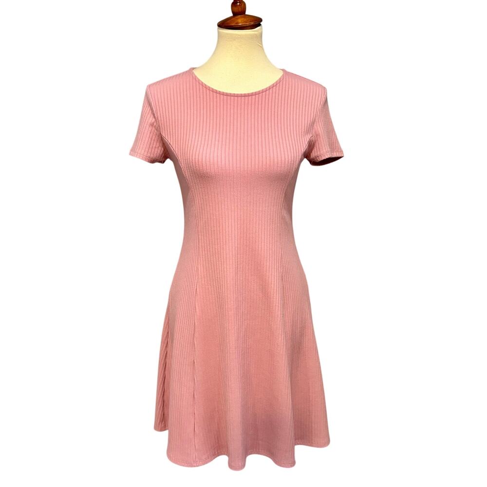 Women's Pink Ribbed Short Sleeve A-Line Dress